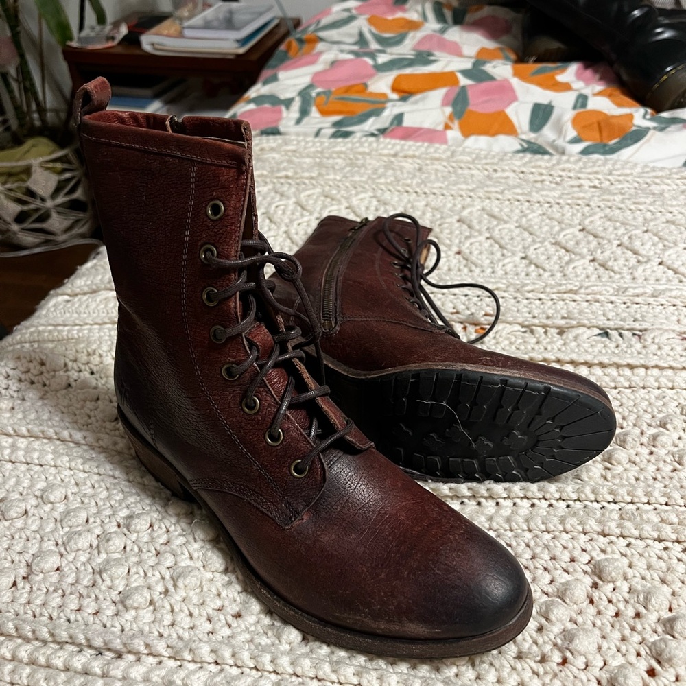 Frye cognac Combat Boots with inside zipper, size 9